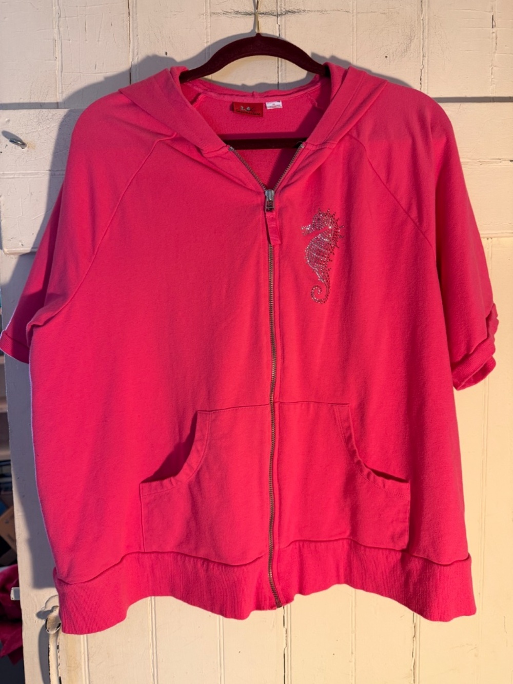 Tape Measure Fuchsia Pink Short Sleeve Zip up hoodie Seahorse Rhinestone sz 2X